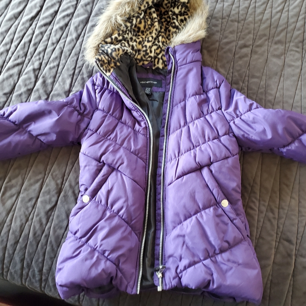 Purple Kids Jacket with Faux Fur Hood, EUC
